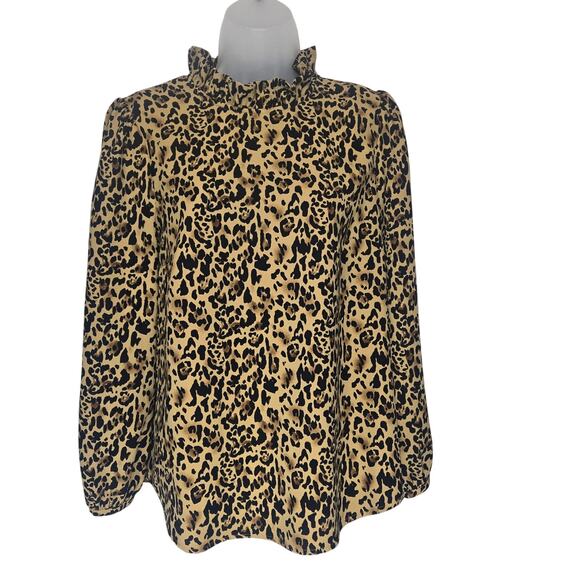 J Crew Women Size Small Animal Print Long Sleeve Blouse High Ruffle Neck Office - Picture 1 of 12